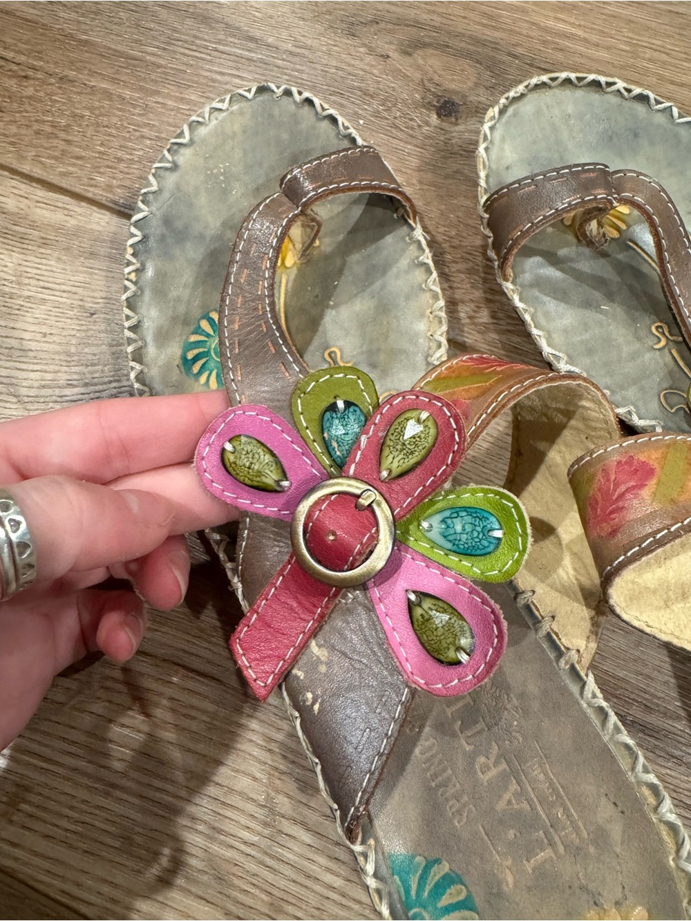 SPRING STEP L’Artiste Gray Leather Boho Chic Jeweled Flower Sandals | Size 7.5 - Picture 6 of 6